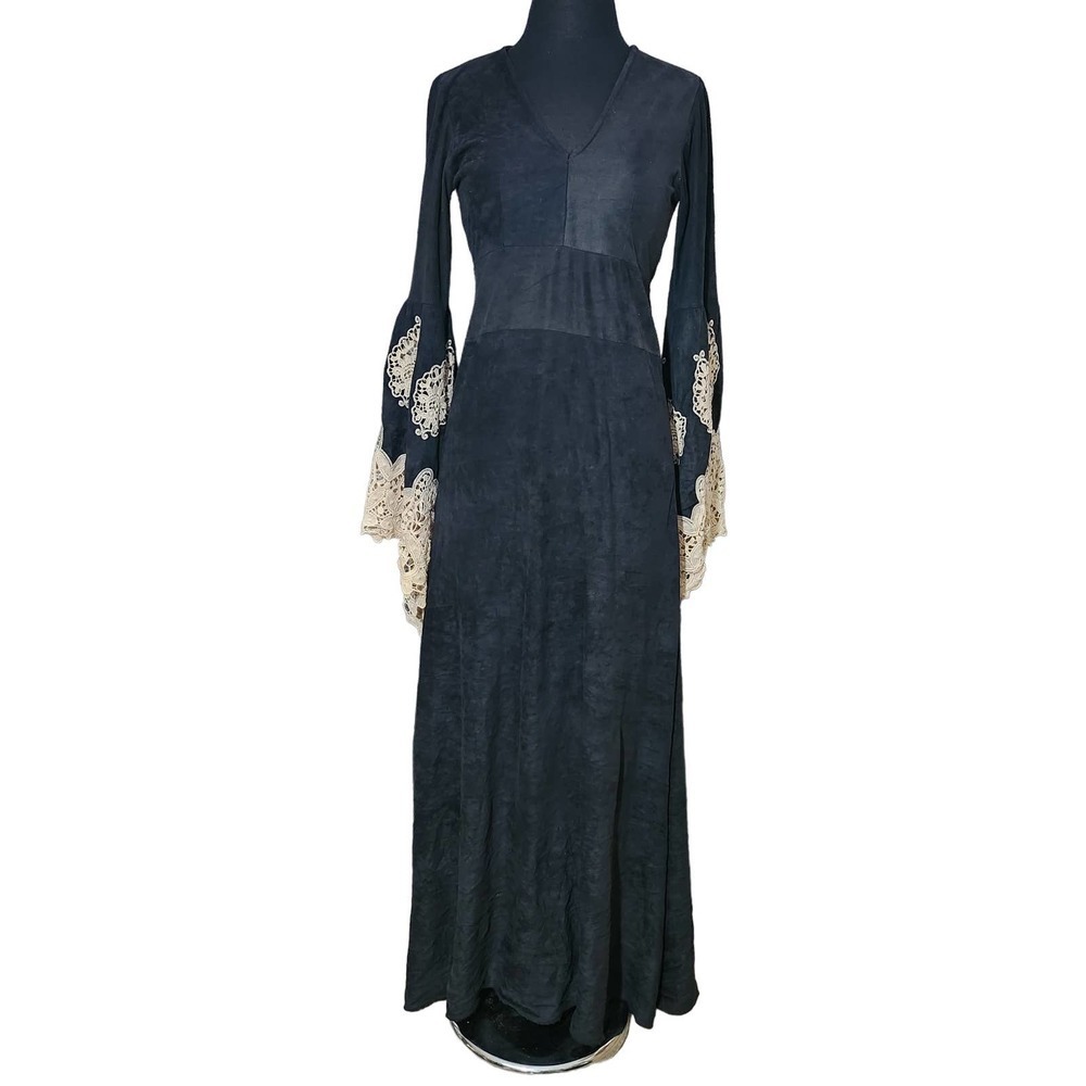 century style maxi dress black lace sleeve beige sz S